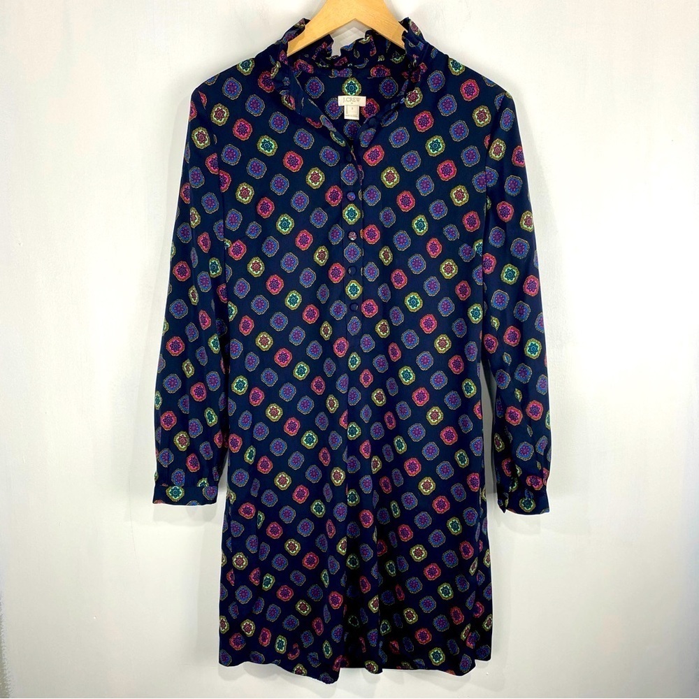 J. Crew Printed Pattern Pleated Collar Long Sleeve Pullover Popover Mini Dress 2
